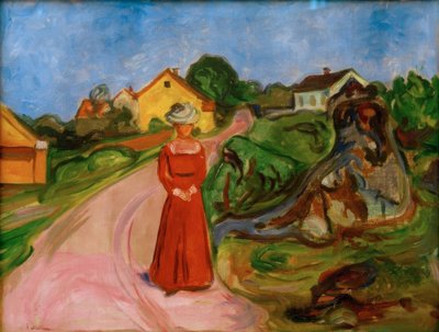 Vrouw in rode jurk (Straat in Åsgårdstrand) door Edvard Munch